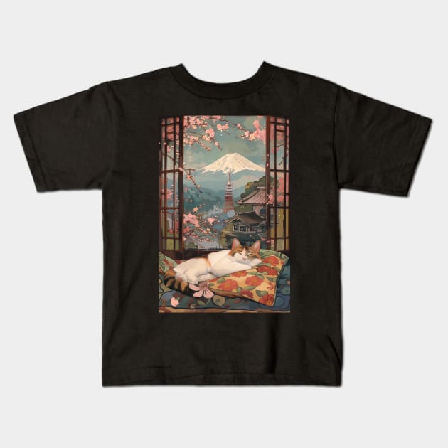 Cat Sleeping Ukiyo-e Mount Fuji Kids T-Shirt by Vlaa